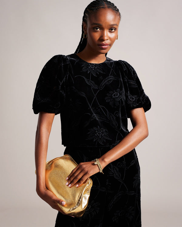 BETTIAA-Tops-Elevate your style with our luxurious BETTIAA top. Embracing a chic boxy fit, this top features an intricate devoré floral pattern that's sure to make a statement. The crew neck adds versatility to the silhouette, while the puff sleeves infuse a hint of vintage charm. Velvet top Boxy fit Devoré floral pattern Crew neck Half length puff sleeves Stretch fabric Ayo is 5'8" / 1.73m and wears Black in a Ted size 1- Ted Baker Romania